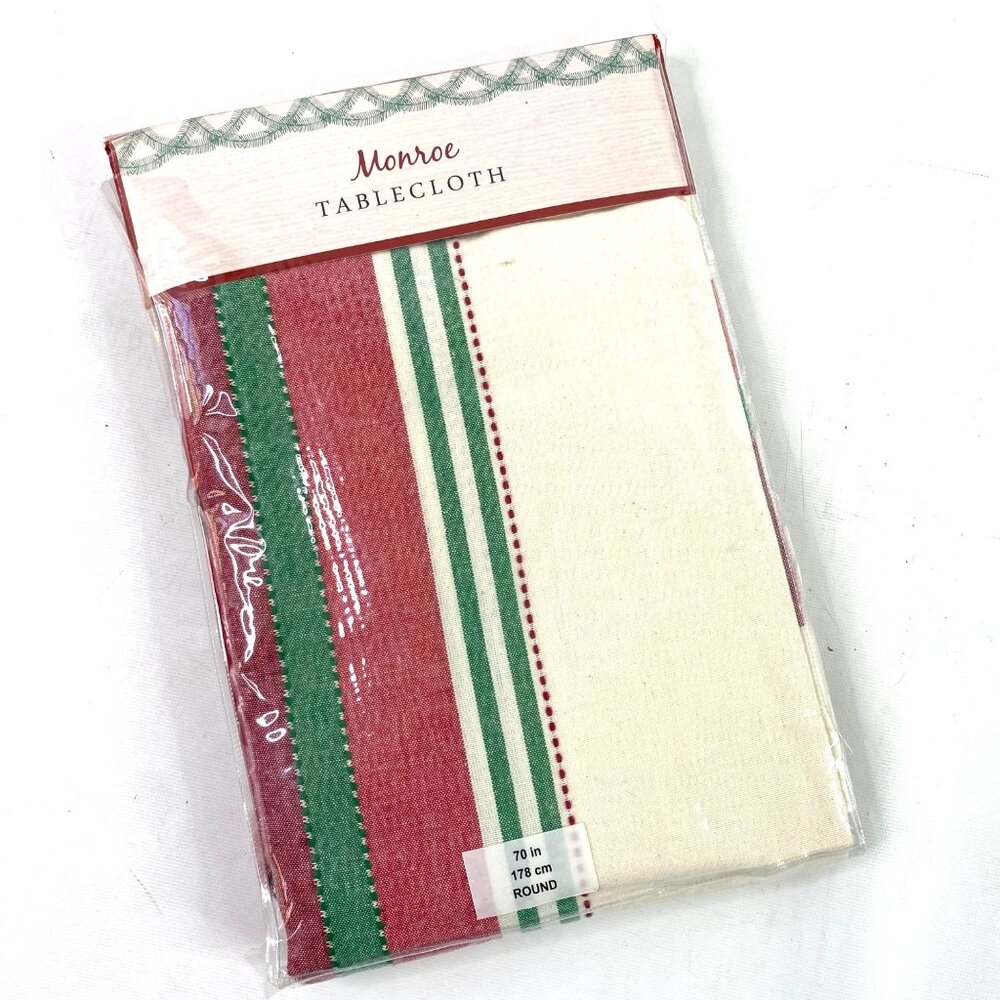 Monroe Holiday Striped Round Cotton Tablecloth Red Green Festive Table Decor